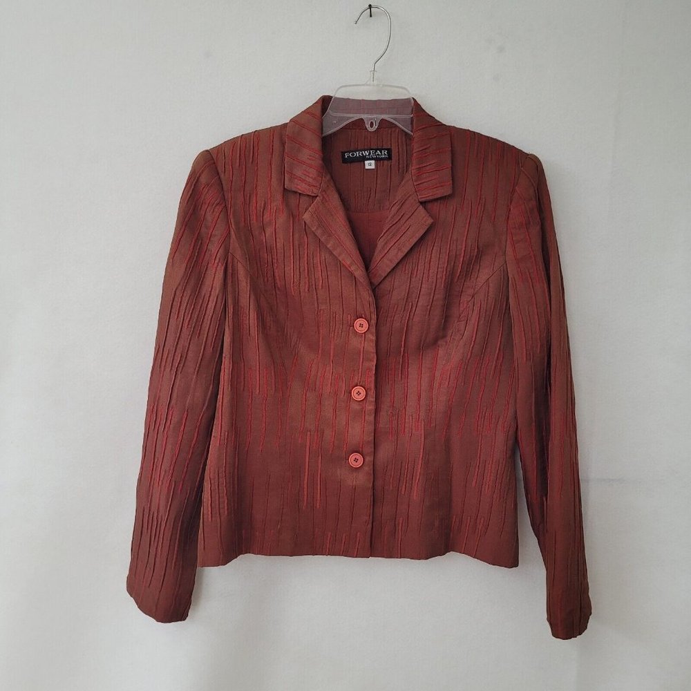 Forwear New York Blazer Womens 12 Brown/Red Textured Silk Button Front Jacket‎